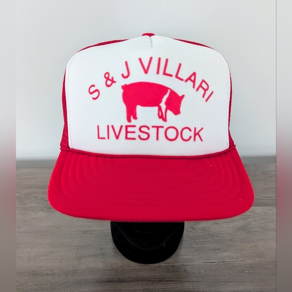 S & J Villari Livestock Pig Logo Front Mesh Vintage Farming Snapback Trucker Hat - Picture 1 of 9